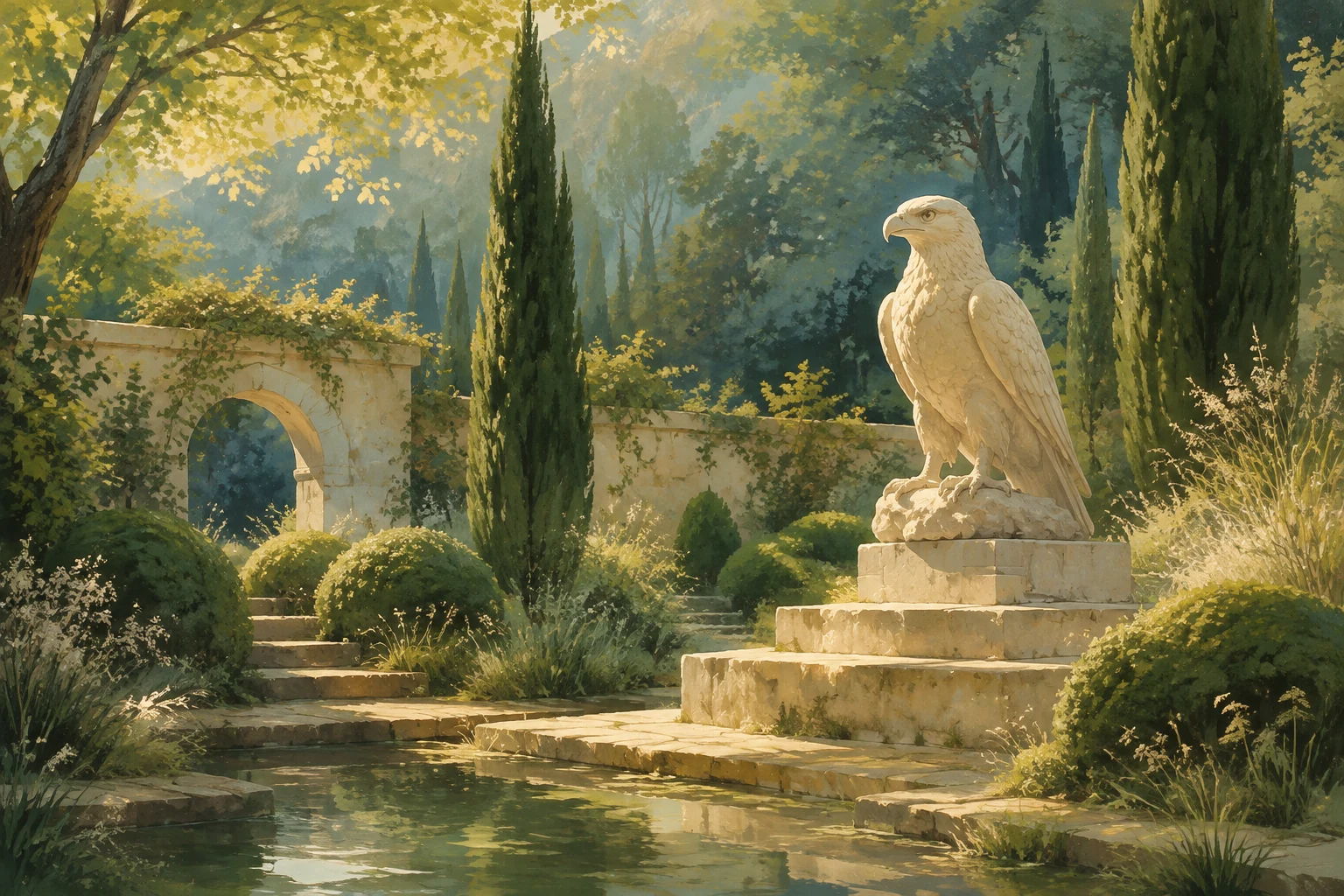 A peaceful walled garden with a hawk sculpture, warm sunlight and a still pool.