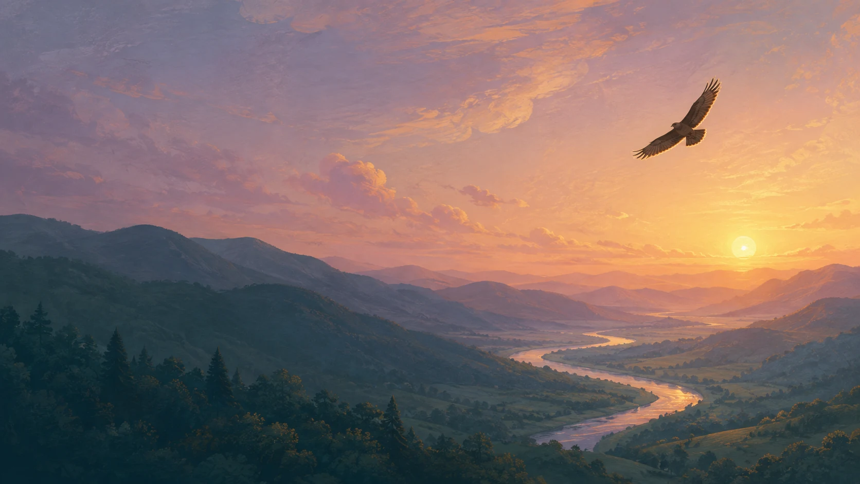 A hawk gliding over a mountain valley in the soft light of dusk.
