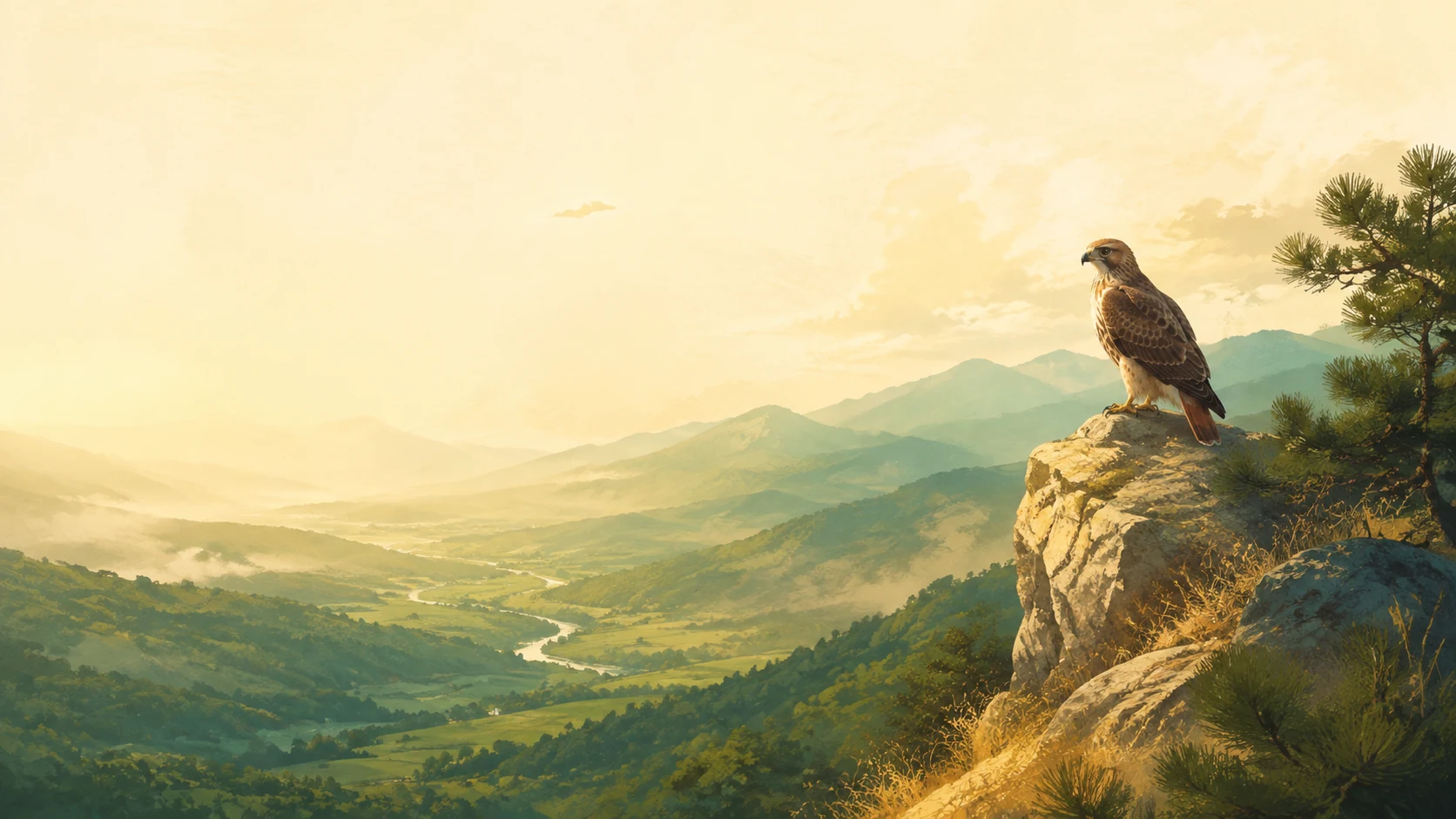 A watchful hawk on a sunlit rock above a quiet, green mountain valley.